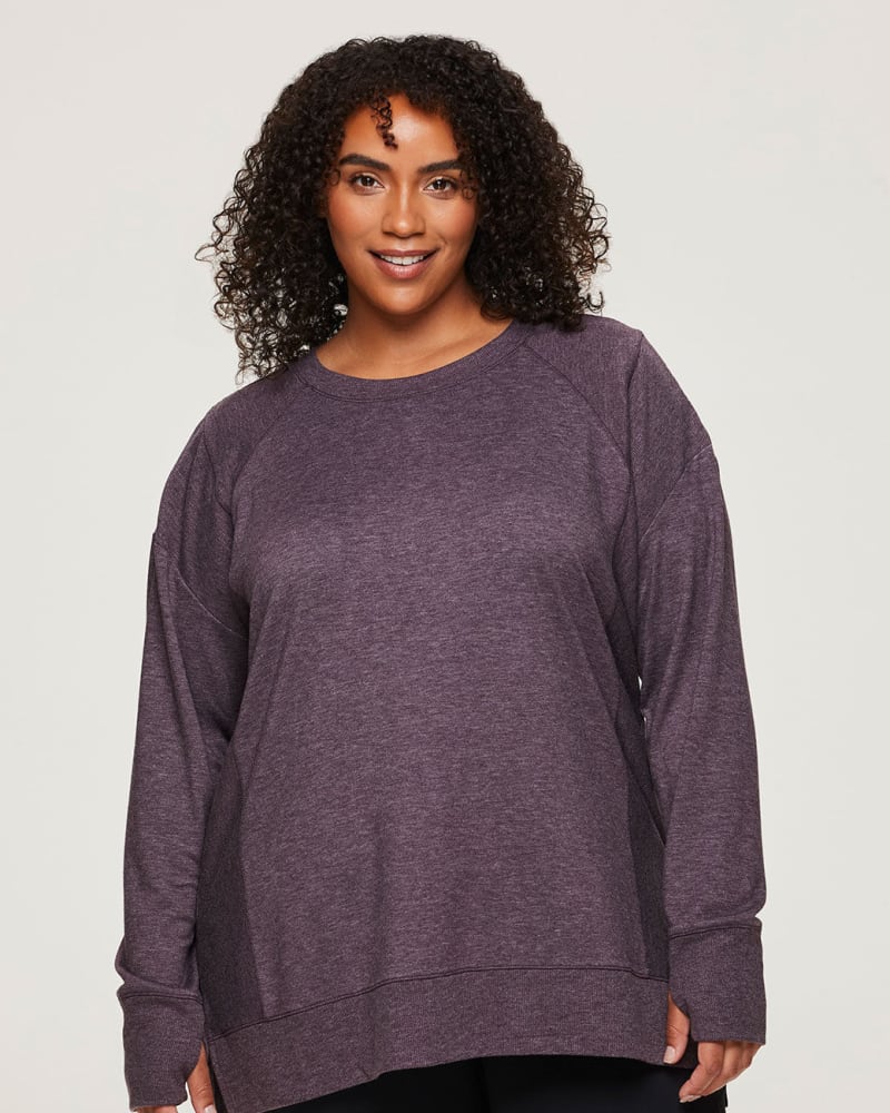 Front of a model wearing a size 1X Surrey Pullover in Dark Purple by RBX Active. | dia_product_style_image_id:244919